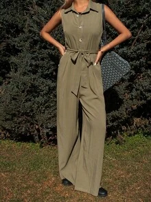 Livesso Women's Sleeveless Collared Jumpsuit With Waist Cinching - Green - View 1
