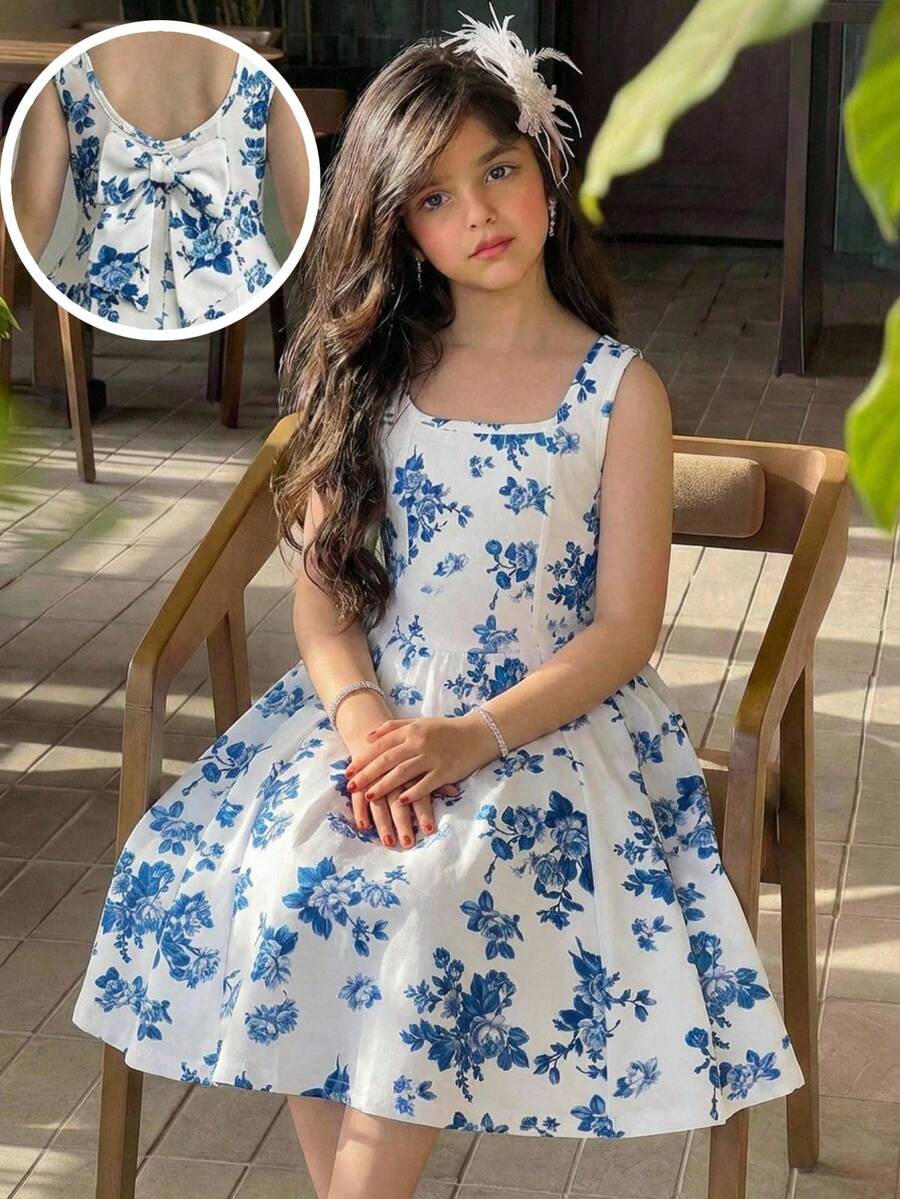SHEIN 少女休闲度假风蓝白碎花U领露背大蝴蝶结装饰A字无袖针织连衣裙,春夏款 - 藍色 - 查看 1
