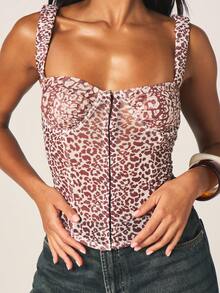 MISSGUIDED Top corset feminino com estampa de leopardo, detalhe de zíper frontal e modelagem estruturada para o verão. - Multicolorido - Ver 2