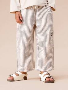 SUMWON Lightweight Striped Wide Leg Cargo Pants With Side Pockets For Boys Summer Casual Wear Elastic Waist Comfort Vacation - Khaki - View 4