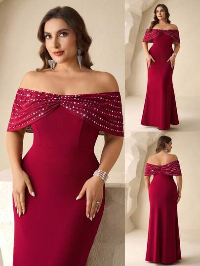 Coutiva Plus Size Elegant Sequin Pleated Off-Shoulder Formal Evening Gown Elegant Sequin Embellished Dress, High-End Formal Gown For Banquet Women's Formal Evening Dress Gown (Heavy Embroidery) Women Rhinestone Embellished Sheer Red Long Evening Gown, Wedding Guest Dress, Elegant Evening Dress, Prom Dress, For Wedding Dress Waist And Chest Slimming, Party Dress, Formal Dress