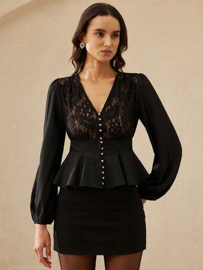 Aveloria Rosie Elegant & Charming Women's Commuting Versatile Romantic Luxury High-End Delicate Lace Patchwork V-Neck Precise Metal Button Lantern Sleeve Waist Flared Hem Ladies Blouse