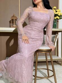 Feyla Plus Size Elegant Solid Color Lace Dress Vestidos Elegantes Para Fiesta - Pink - View 3