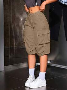 SHEIN ICON 女士休闲水洗牛仔工装短裤 - 卡其色 - 查看 4