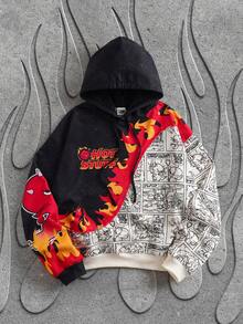 SHEIN HOT STUFF Men's 1pc Flame & Cartoon Graphic Pullover Drawstring Hoodie - Black and White - View 1
