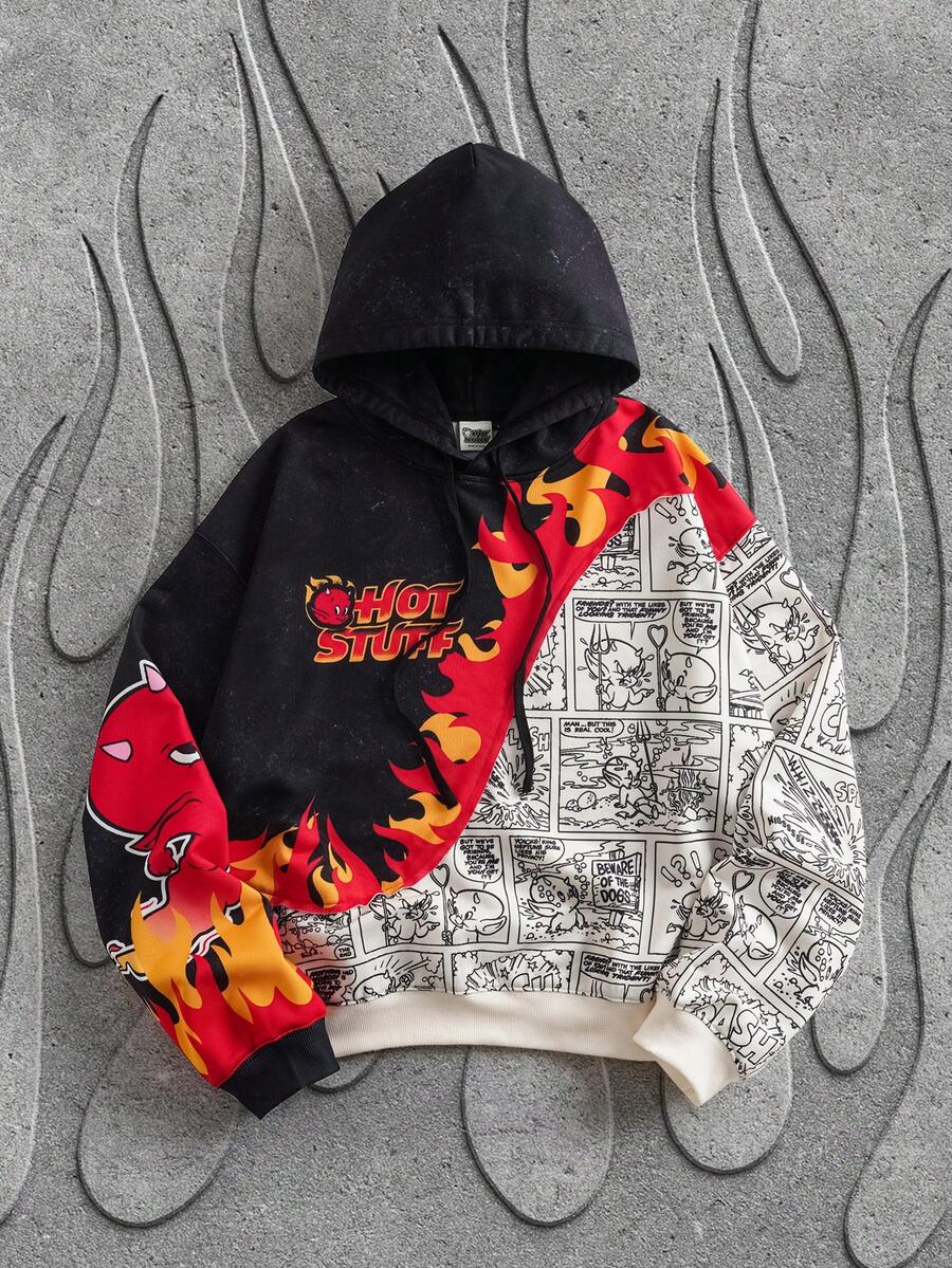 SHEIN HOT STUFF Men's 1pc Flame & Cartoon Graphic Pullover Drawstring Hoodie - Black and White - View 1