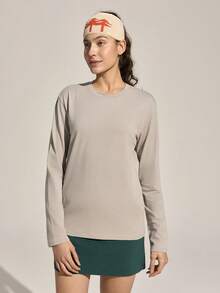 SHEIN In My Nature Women's Round Neck Letter Print Casual Versatile Daily Outdoor Long Sleeve T-Shirt - Light Grey - View 4