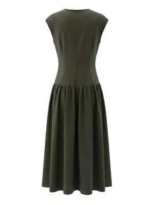 Lyxana Elegant Olive Green Summer V-Neck Short Sleeve Ruched Waist A-Line Midi Dress For Women,Perfect For Brunch,Weddings,Galas,Commute & Graduation Parties - Dark Green - View 2