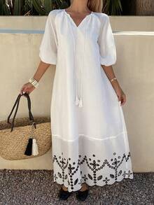 DAZY Đầm dài dáng rộng phong cách Bohemian cổ tròn tay lỡ 3/4 họa tiết hoa phối màu dành cho nữ. - trắng - Xem 1