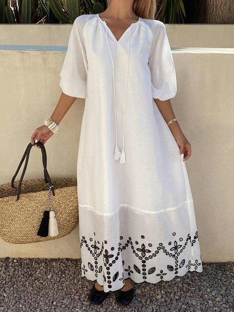 Women's Round Neck 3/4 Sleeve Contrast Color Floral Print Bohemian Style Loose Long Dress Sundress Boho