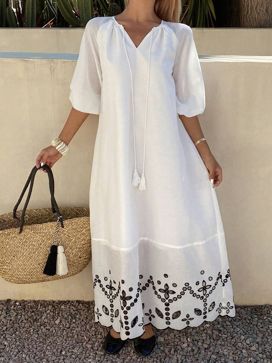 DAZY Đầm dài dáng rộng phong cách Bohemian cổ tròn tay lỡ 3/4 họa tiết hoa phối màu dành cho nữ. - trắng - Xem 1