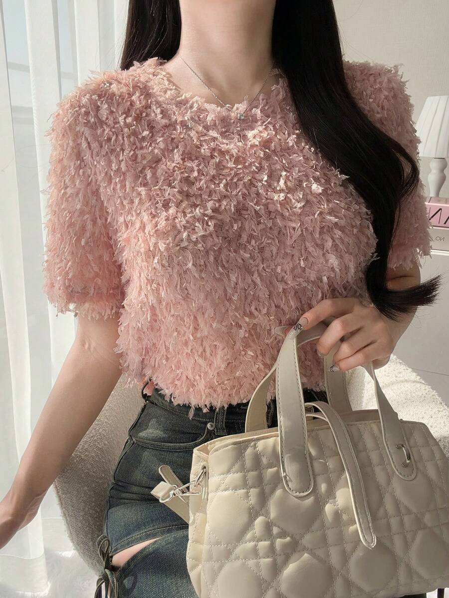 FRIFUL Damen einfarbiges Textil-T-Shirt mit kurzen Ärmeln, figurbetonter Passform, vielseitig einsetzbar, Frühling/Sommer - Altrosa - Übersicht 1