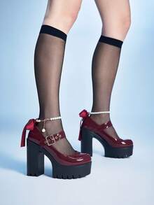 Sugerpunk Pantofi cu toc gros și platformă, sexy, din dantelă și perle, pentru femei, curea reglabilă la modă, primăvară/toamnă, potriviți pentru petrecere, ieșiri, întâlniri de Crăciun - Crimson - Vizualizare 4