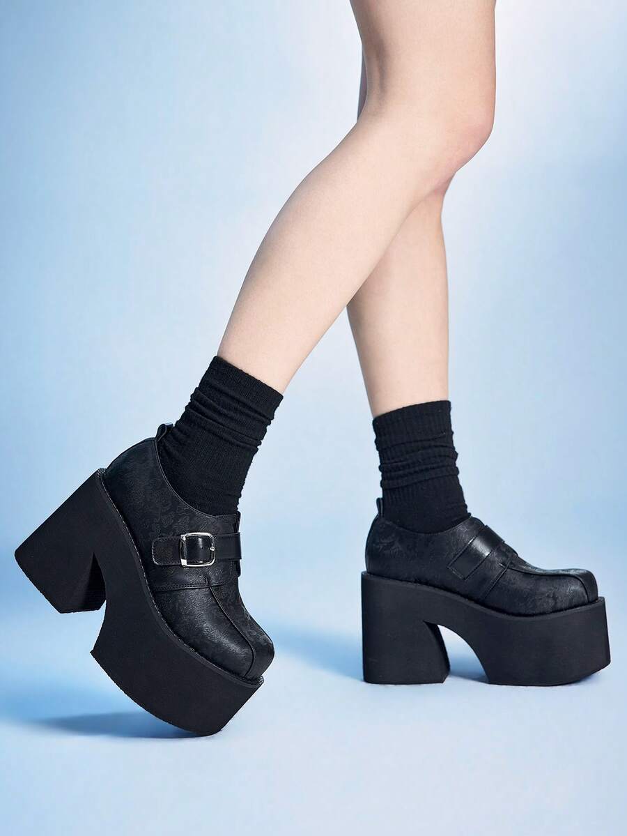 Sugerpunk 女士黑色中国风纽扣坡跟厚底乐福鞋 - 黑色 - 查看 1