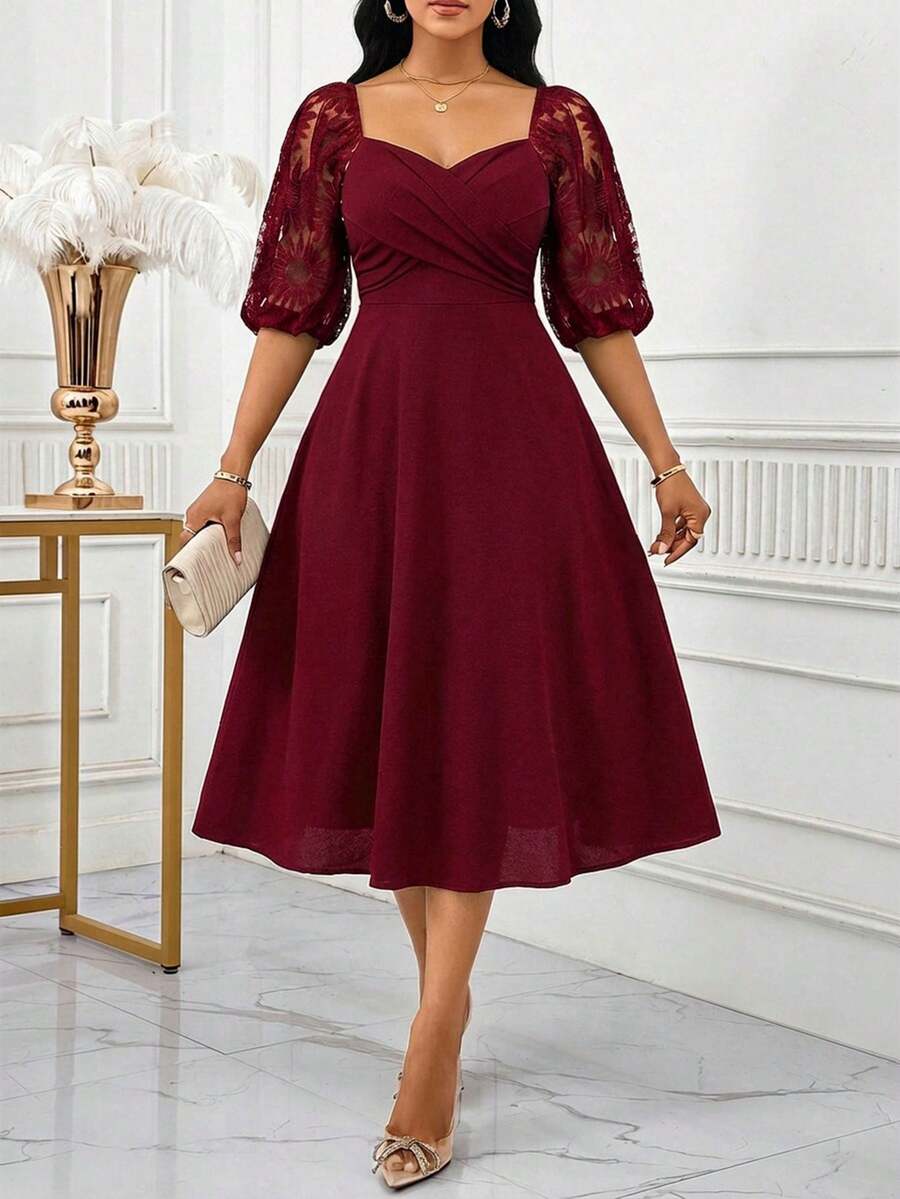 SHEIN Lady Women's Solid Color Pleated Elegant Waist Midi Dress For Party - Burgundy - View 1