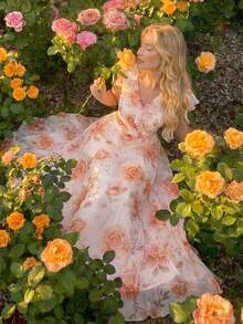 Amorya 女士优雅印花连衣裙，适合婚礼等夏季场合的连衣裙 - 彩色 - 查看 3