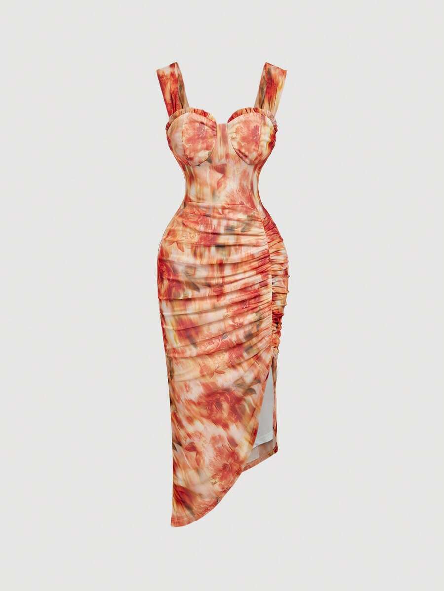 SHEIN MOD Women's Floral Print Ruched Fitted Elegant Midi Dress With Thick Straps, Sleeveless Orange Dress - Multicolor - View 1