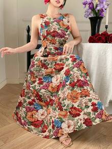 DAZY Women's Elegant Floral Print Round Neck Sleeveless Mid-Length Dress, Summer,Wedding Guest Dress Women Sundress Boho - Red - View 1