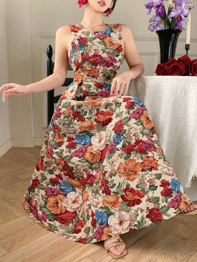 Women's Elegant Floral Print Round Neck Sleeveless Mid-Length Dress, Summer,Wedding Guest Dress Women Sundress Boho