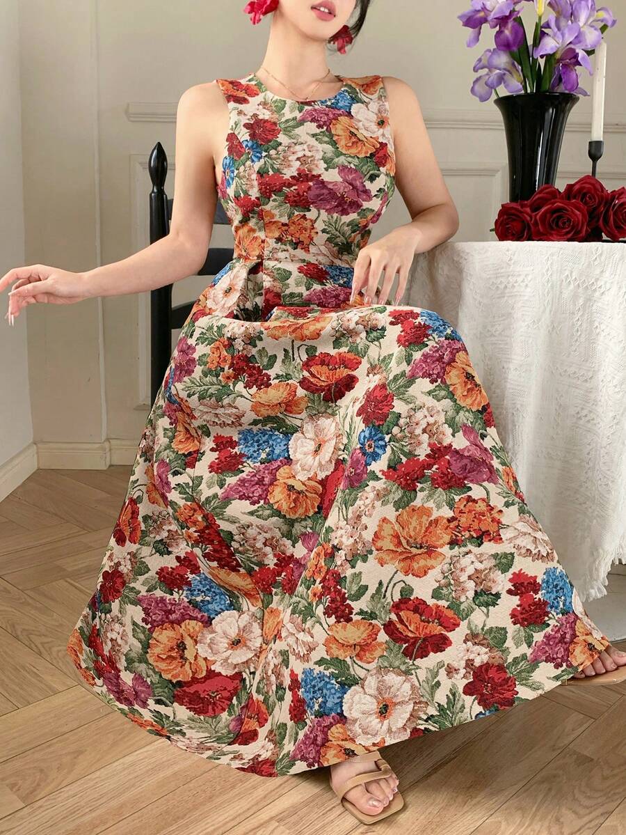 DAZY Women's Elegant Floral Print Round Neck Sleeveless Mid-Length Dress, Summer,Wedding Guest Dress Women Sundress Boho - Red - View 1