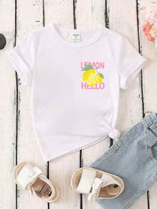 女童字母柠檬印花圆领短袖休闲宽松百搭T恤 - 白色 - 查看 3