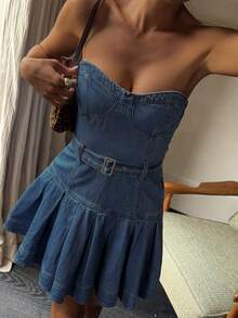 Livesso 女士无肩带褶皱腰身水洗牛仔度假连衣裙 - 藍色 - 查看 5