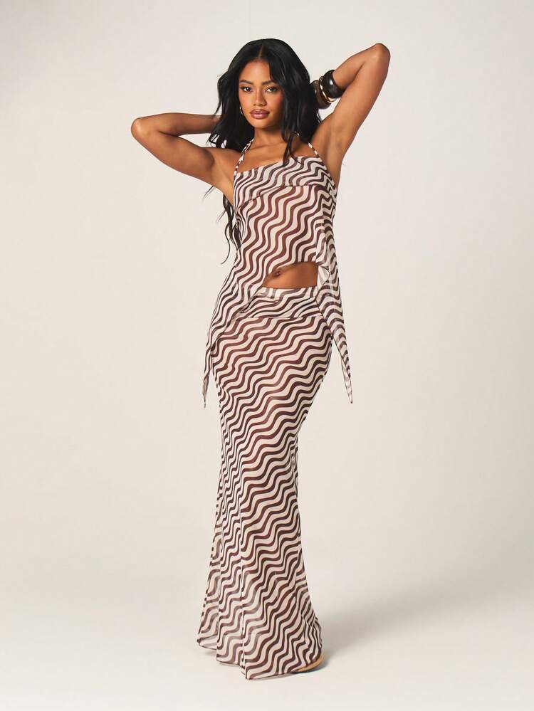 MISSGUIDED Dwuczęściowy komplet z falowanym wzorem w paski: top typu halter i długa spódnica z wycięciami, brązowo-biały, pasujący do kompletu, letni strój