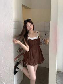 DAZY 女士格子撞色夏季蕾丝边吊带背心 - 咖啡棕 - 查看 5