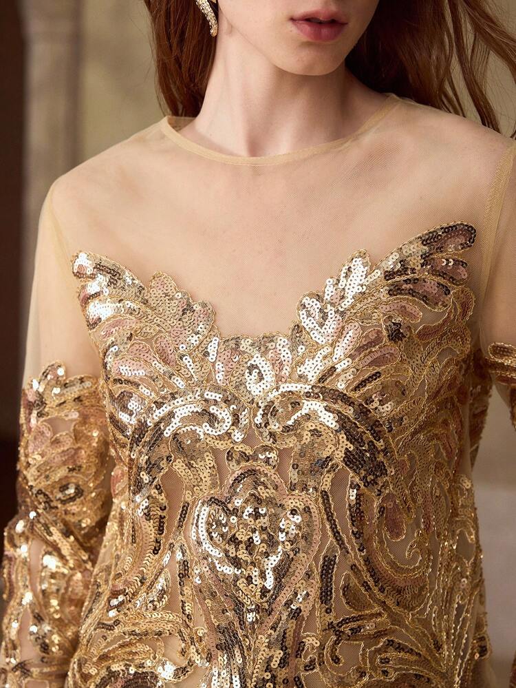 WOMEN'S SEQUINS EMBROIDERED SHEER MESH TOP