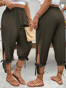 Breezaya Plus Size High Waist Drawstring 7/8 Pants, Spring/Summer Lace Up Pants Cropped Pants - Army Green - View 1