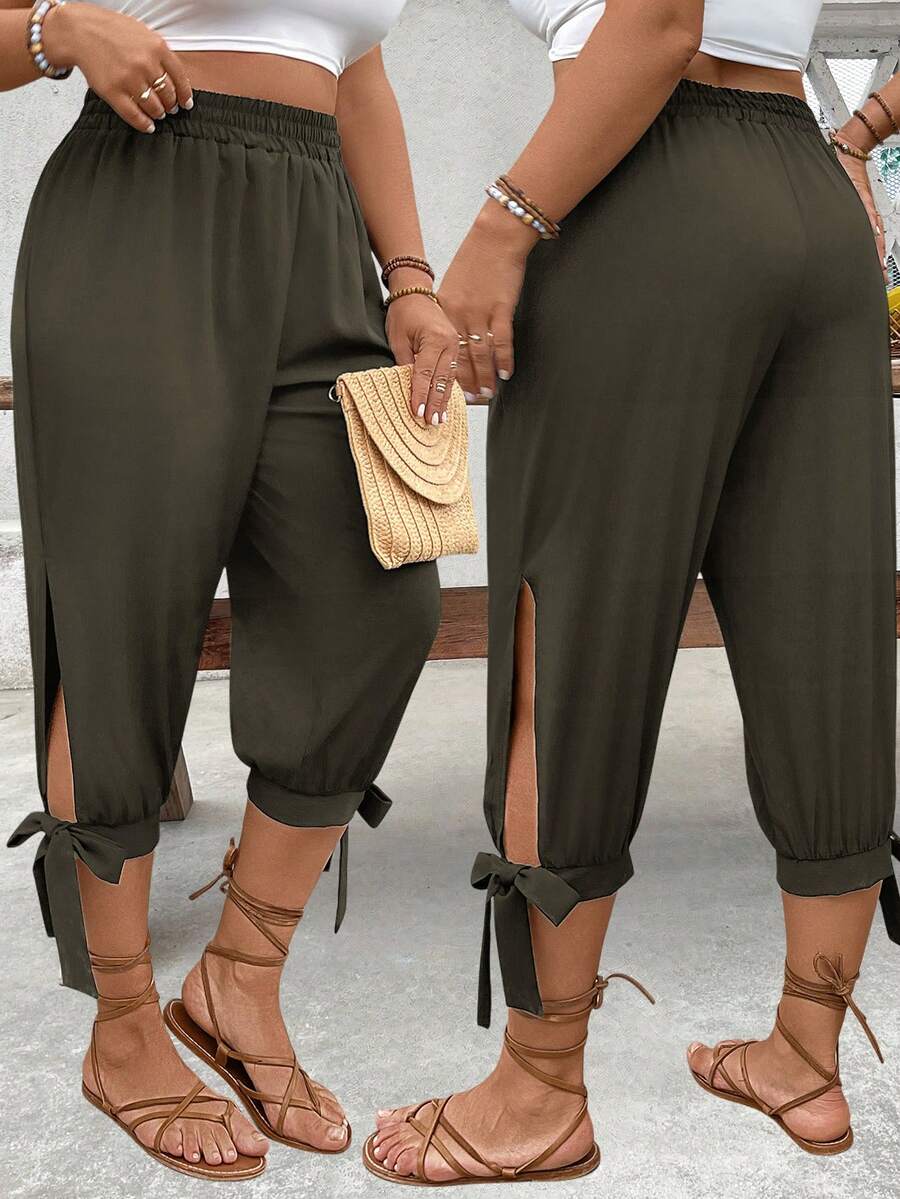 Breezaya Plus Size High Waist Drawstring 7/8 Pants, Spring/Summer Lace Up Pants Cropped Pants - Army Green - View 1