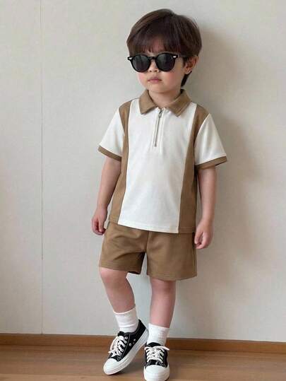 SHEIN Set de 2 piezas de polo de manga corta y pantalones cortos casuales para niños pequeños, adecuado para ir a la escuela, uso diario casual, deportes, primavera/verano