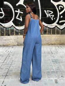 Slaydiva Bộ áo liền quần denim không tay cổ vuông thời trang dành cho nữ, thích hợp cho mùa hè. - Màu xanh lam - Xem 2