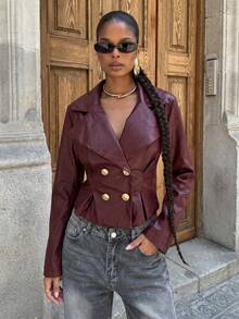 Normani 撞色极简夹克，长袖外套，适合初秋穿着，酒红色大衣，女士夹克，外出，新年女装，圣诞节女装，女士冬季夹克，女士冬季，秋季女装，安科拉复古风格夹克，酒红色PU夹克，适合通勤和休闲优雅场合，金属纽扣腰部PU夹克 - 酒紅色 - 查看 5