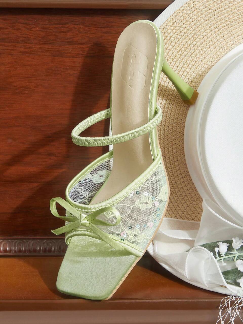 CUCCOO HITCHD Spring And Summer New Product Bow Mesh Lace Square Toe Stiletto Elegant Romantic Sexy Green Lace Women's High Heel Sandals Summer Shoes