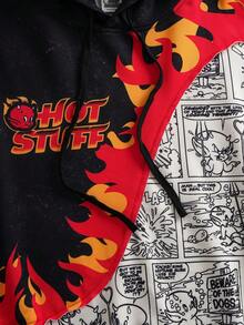 SHEIN HOT STUFF Men's 1pc Flame & Cartoon Graphic Pullover Drawstring Hoodie - Black and White - View 8