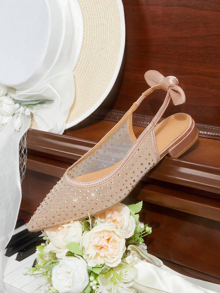 CUCCOO HITCHD Women Shoes New Fashionable French Mesh Rhinestone Pointed Flat-Soled Shoes, Slingback Bow, Comfortable, Elegant And Versatile, Not Tired Of Feet, Champagne Hot Rhinestones Are Very Beautiful Summer Shoes Wedding Shoes Bride Shoes