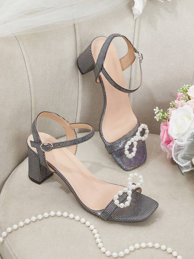 CUCCOO HITCHD Women Shoes Classic Fashion Women's Thick Heel High Heel Sandals Shiny Rhinestone Pearl Bow Decoration Buckle Belt Elegant Women's Shoes Wedding Shoes Spring Shoes Bride Shoes