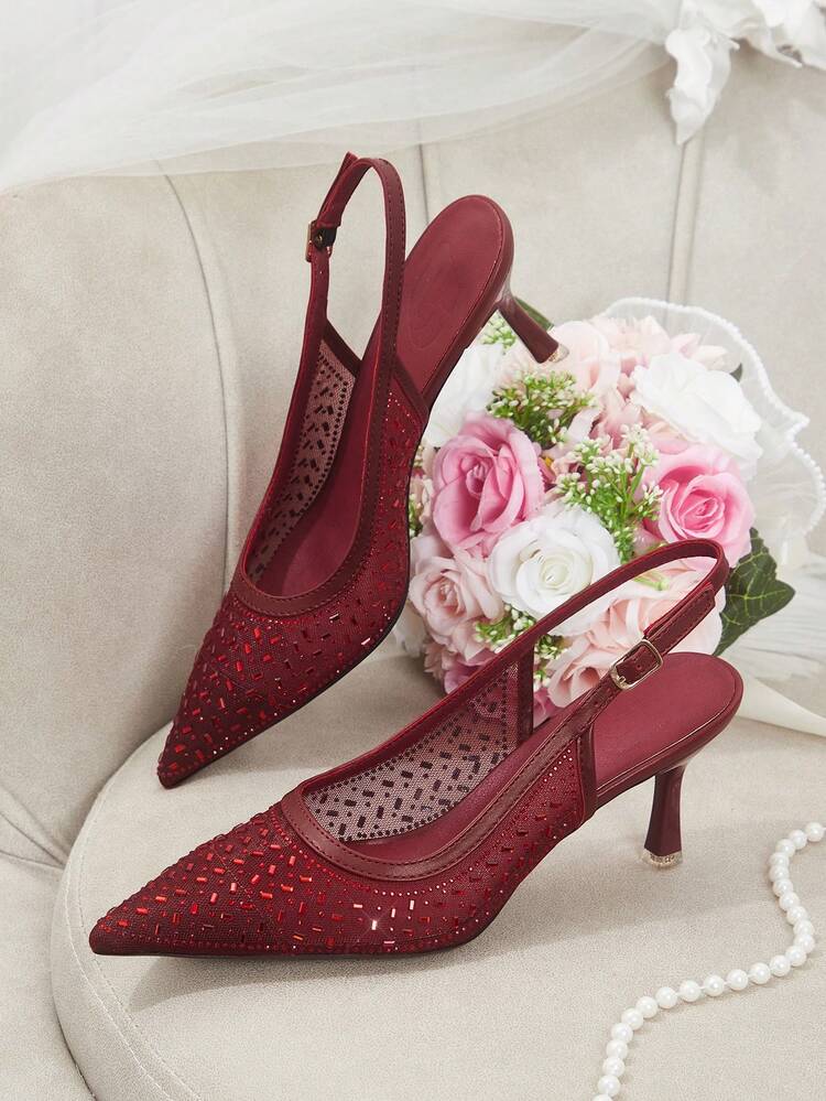 CUCCOO HITCHD Summer And Autumn Burgundy Mesh Pressure Drill Pointed Tip Thin Heel Sexy Elegant Empty Women's High Heel Shoes Summer Shoes Wedding Shoes Bride Shoes
