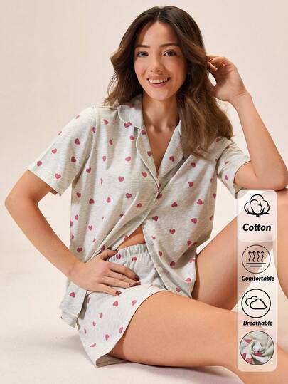 Loomlin Cotton Women 2 Pcs Heart Pattern With Button Front Detail Short Sleeved Shirt%Shorts Homewear Comfort Pajama Set For Ladies Pj Sets For Women Short Sleeve Womens Pajama Set Summer Heart Print Pajama Set Button Down Pajamas For Women