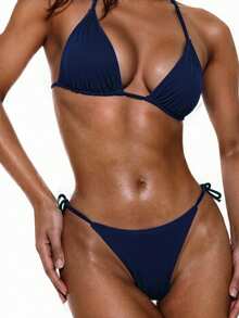 Swim Basics 1 Set Women Solid Color Sexy Lace-Up Bikini, Beach Swimwear For Summer Beach Vacation - Navy Blue - View 3