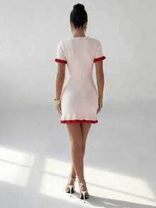 Breezaya Pink Contrast Red Ruffle Trim Elegant Casual Commute Holiday Vacation Short Sleeve Fitted Knit Mini Dress, Spring/Summer - Pink - View 2