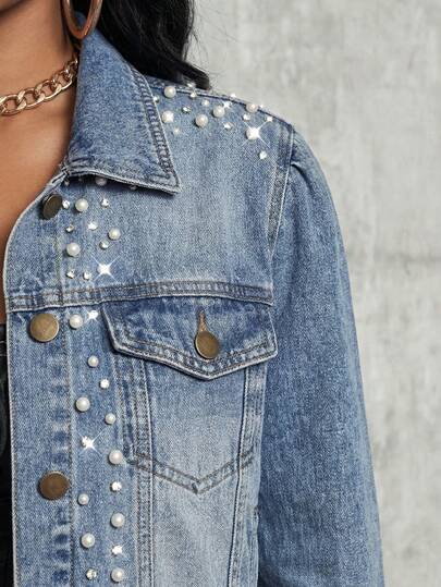 Slaydiva Women's Faux Pearl Decor Bubble Long Sleeve Single-Breasted Fashionable Denim Jacket Shiny