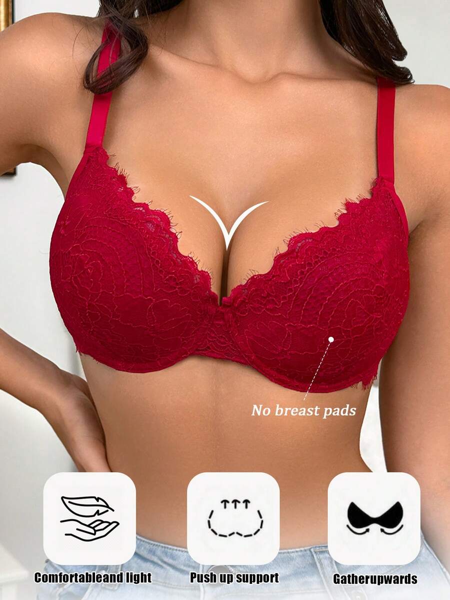 DesireSculpt 1件性感蕾丝女士时尚舒适文胸 - 紅色 - 查看 1