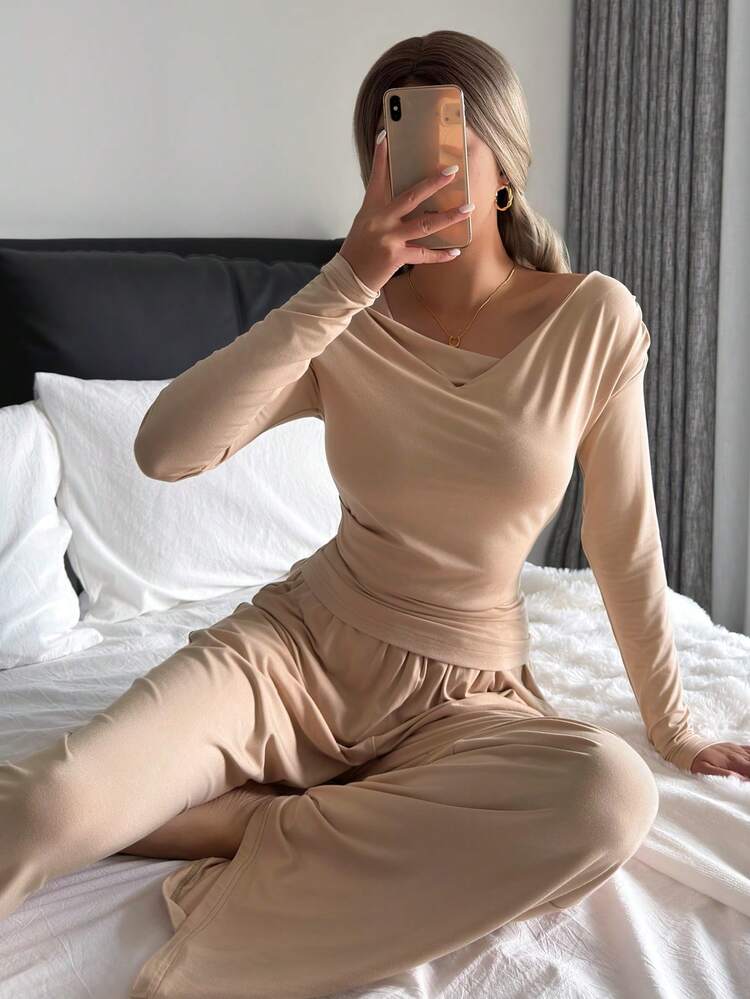 Minimalist Knit Draped Neck Fitted Top And Wide Leg Pants Women Loungewear Set