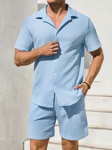 Manfinity RSRT 男士夏季休闲纯色纹理衬衫和短裤套装 - 藍色 - 查看 3