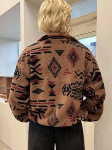 DAZY Geo Print Lantern Sleeve Half Zip Sweatshirt,Long Sleeve Tops,Fall Women Clothes - Camel - View 3