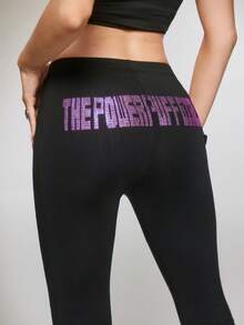 THE POWERPUFF GIRLS X SHEIN 女士字母印花休闲百搭日常打底裤 - 黑色 - 查看 4