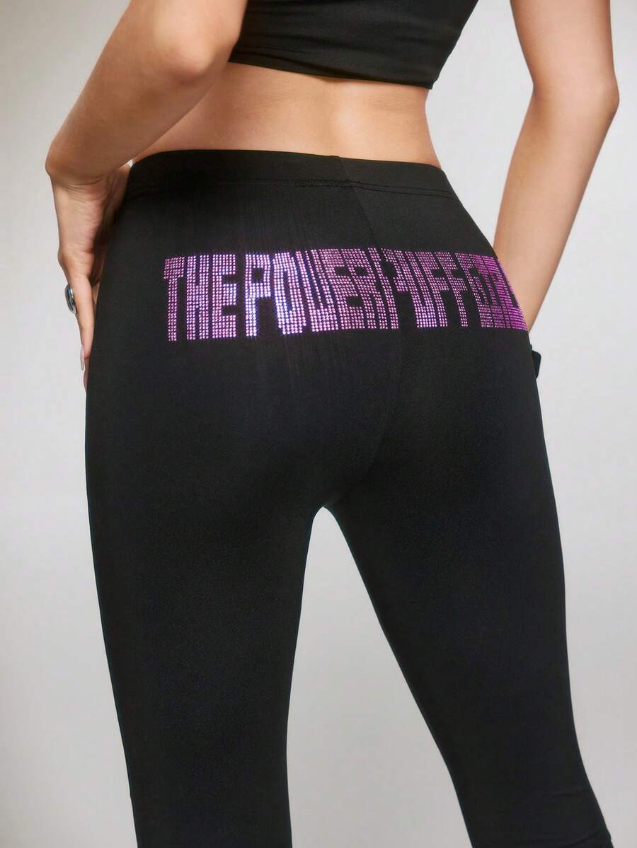 THE POWERPUFF GIRLS X SHEIN Women's Letter Print Casual Versatile Daily Leggings - Black - View 1