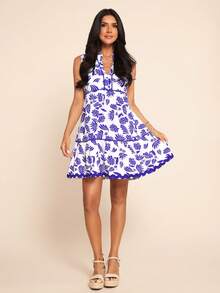 Coeurva Vestido de Flor Elegante Formal de Primavera Verão para Férias, Vestido de Verão Casual Elegante Romântico com Estampa Floral para Mulheres, Adequado para Uso Diário, Férias e Praia, Vestidos Azuis para Mulheres, Vestido Branco para Férias, Vestido de Verão Boho para Mulheres, Vestido Floral Azul e Branco, Vestido Floral Casual - Azul e Branco - Visão 6